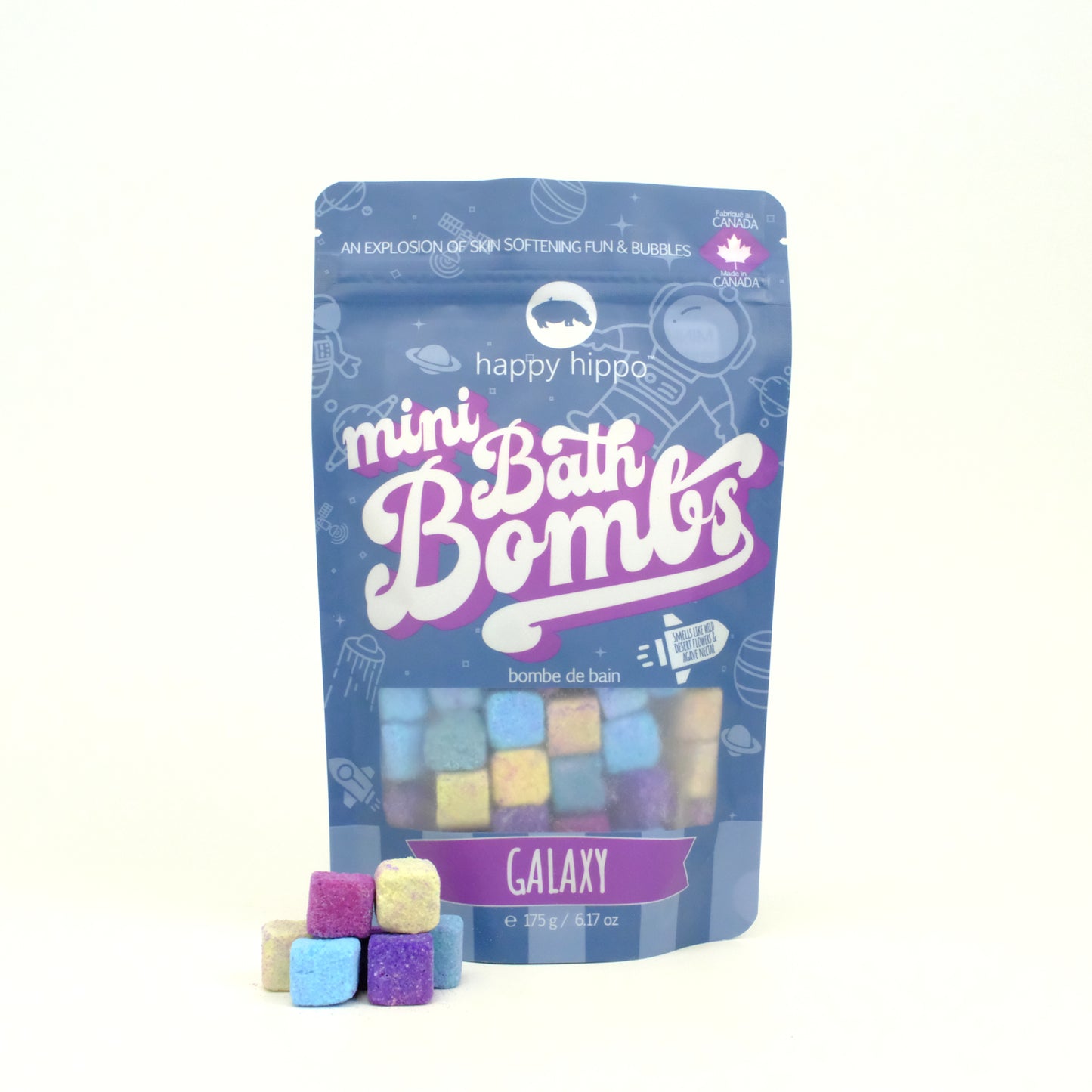 Galaxy happy hippo mini bath bombs bag with colorful bath bombs in front on a white background