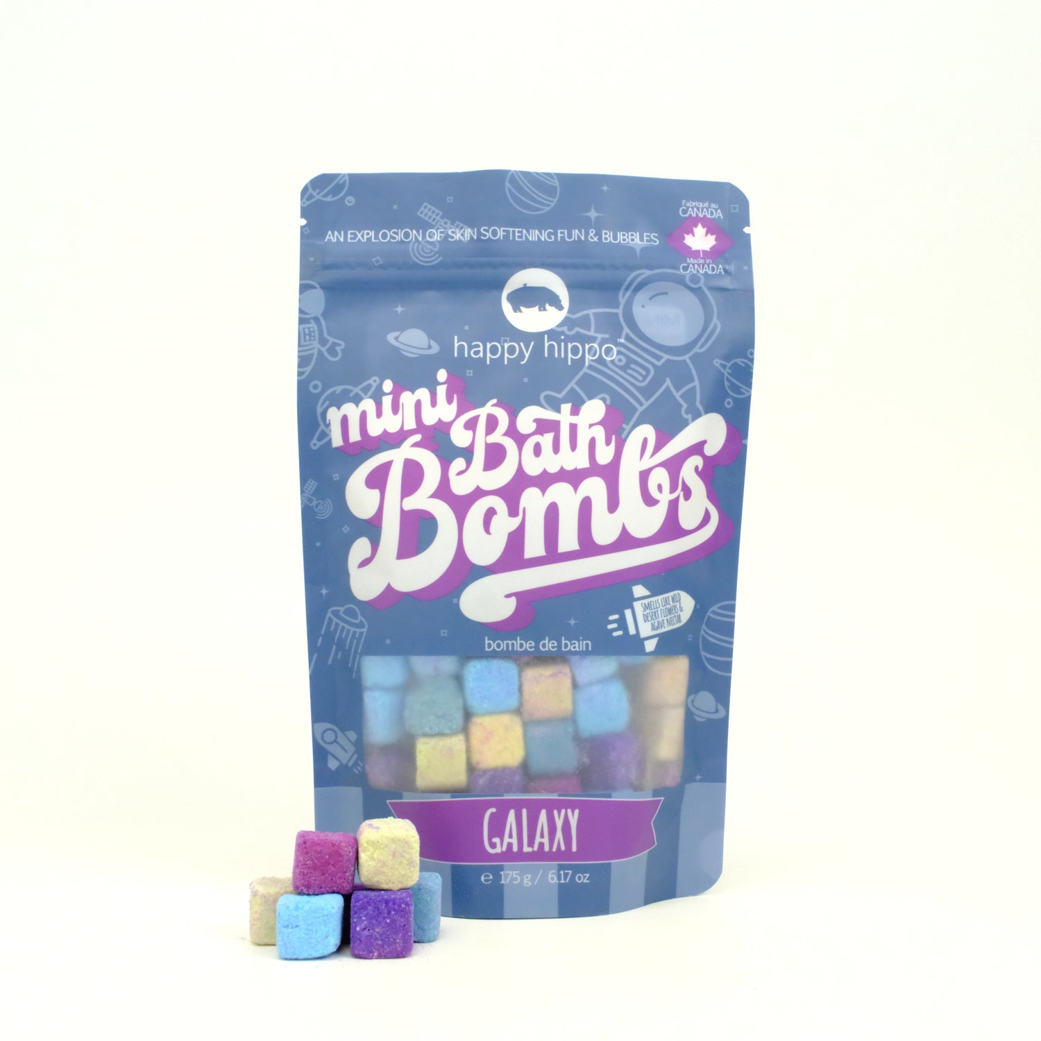 Galaxy happy hippo mini bath bombs bag with colorful bath bombs in front on a white background